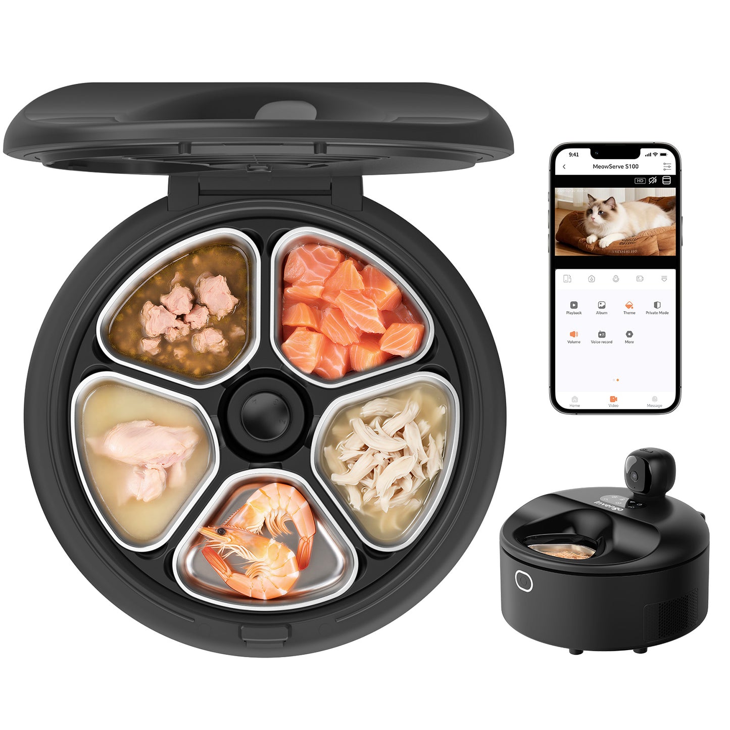 Automatic Refrigerated Wet Cat Food Feeder, App Controlled Smart Cat Feeder with Semiconductor Cooling, Keeps Wet Food Fresh Up to 5 Days, Stainless Steel Trays, Scheduled Feeding - Black