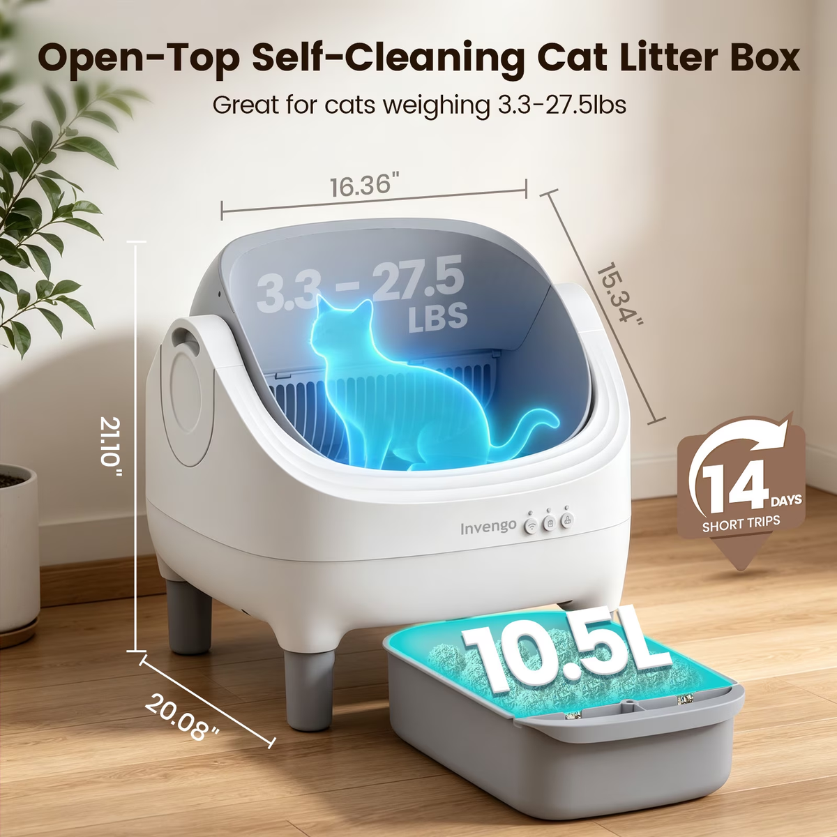 Invengo Automatic Cat Litter Box Self Cleaning, Large Litter Box for Multiple Cats, Ultra-Quiet with Advanced Odor Control, Safety Sensors, App Control, Gray