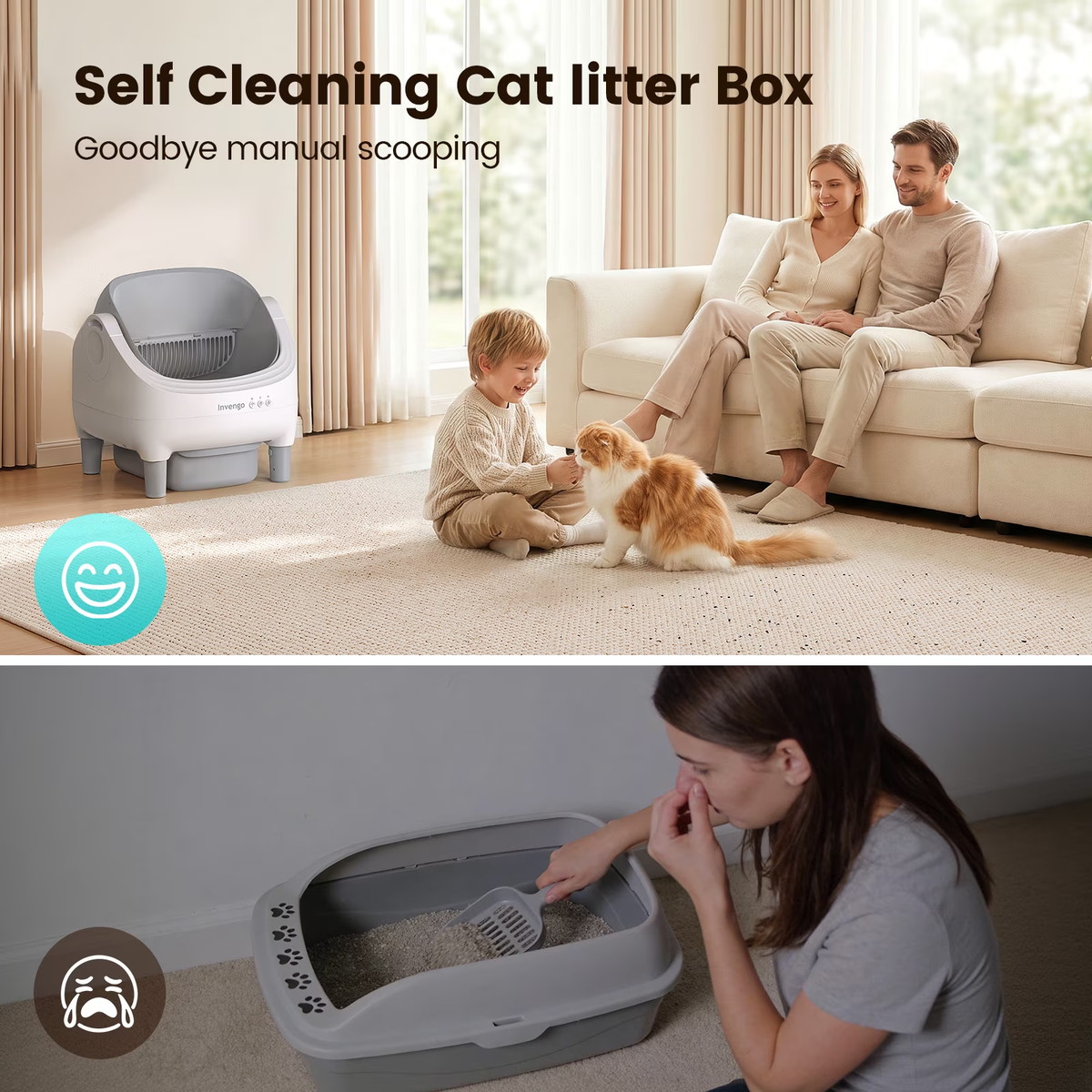 Invengo Automatic Cat Litter Box Self Cleaning, Large Litter Box for Multiple Cats, Ultra-Quiet with Advanced Odor Control, Safety Sensors, App Control, Gray