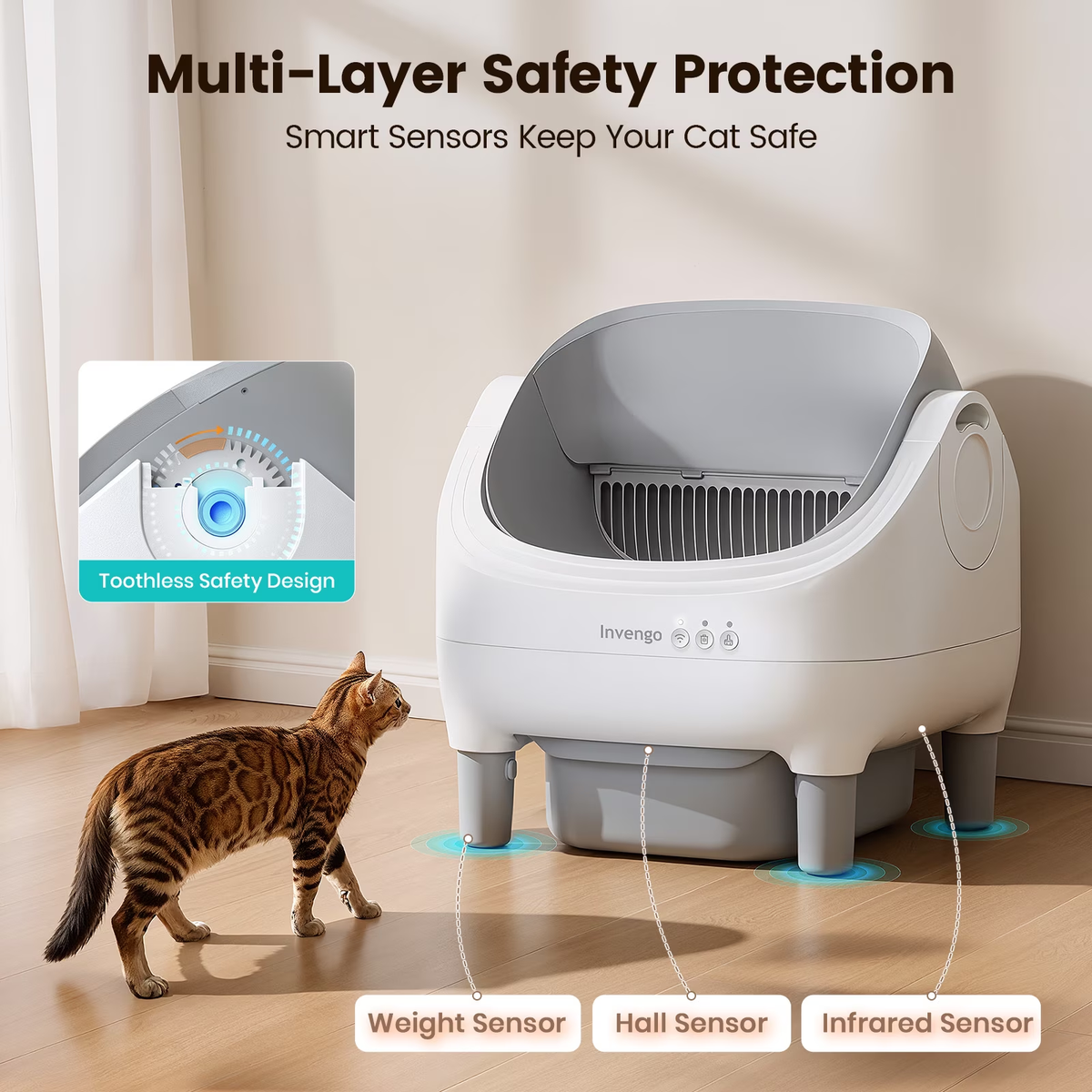 Invengo Automatic Cat Litter Box Self Cleaning, Large Litter Box for Multiple Cats, Ultra-Quiet with Advanced Odor Control, Safety Sensors, App Control, Gray