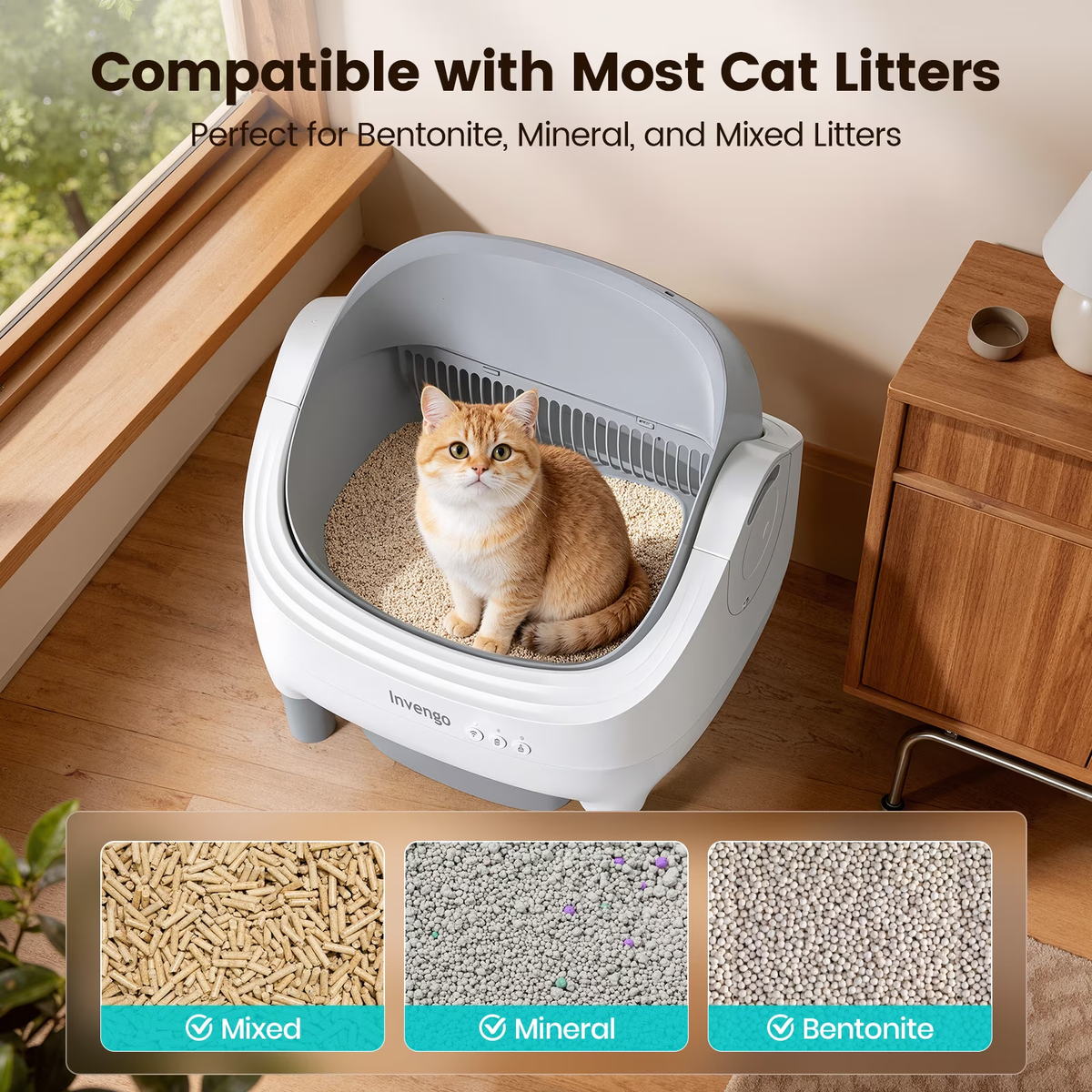 Invengo Automatic Cat Litter Box Self Cleaning, Large Litter Box for Multiple Cats, Ultra-Quiet with Advanced Odor Control, Safety Sensors, App Control, Gray