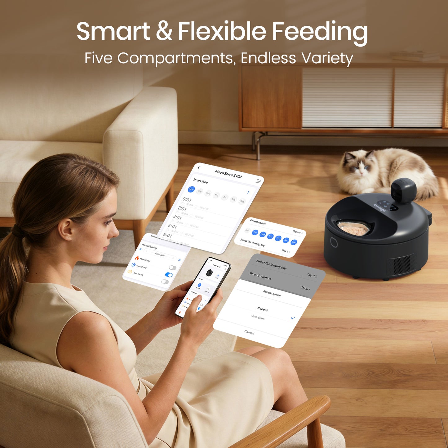 Automatic Refrigerated Wet Cat Food Feeder, App Controlled Smart Cat Feeder with Semiconductor Cooling, Keeps Wet Food Fresh Up to 5 Days, Stainless Steel Trays, Scheduled Feeding  - Black